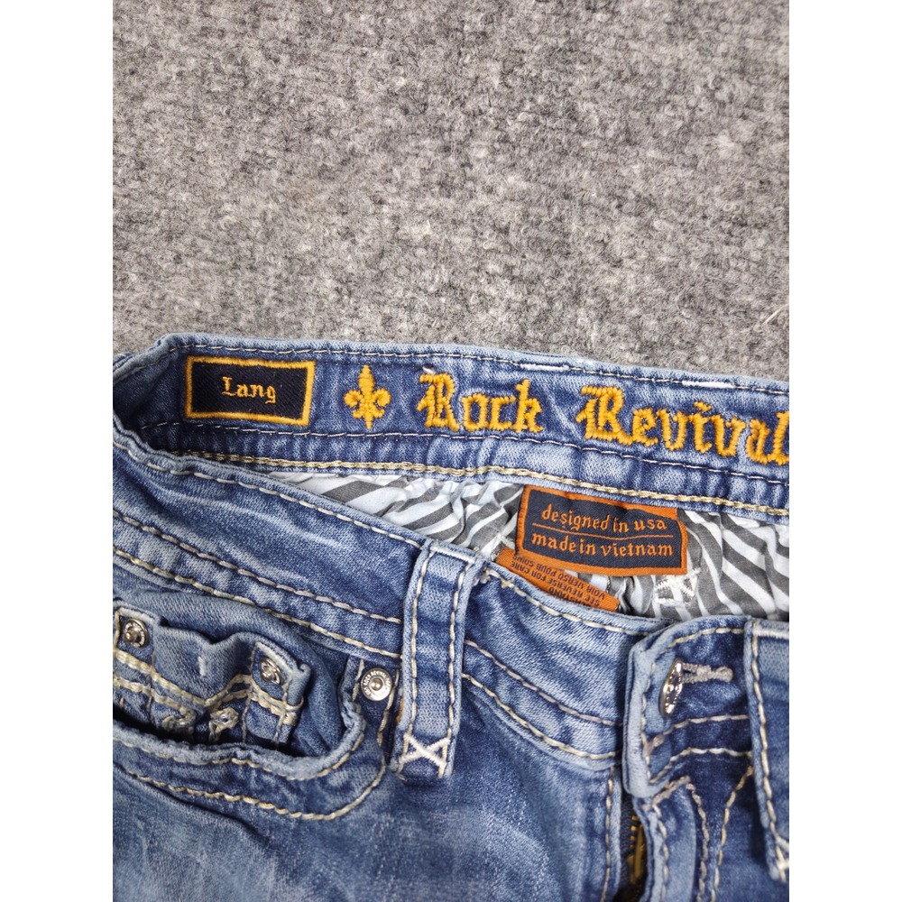 Rock Revival Lang Bootcut Jeans Womens 26 Blue Distressed Mid Rise Thick Stitch - Picture 2 of 13